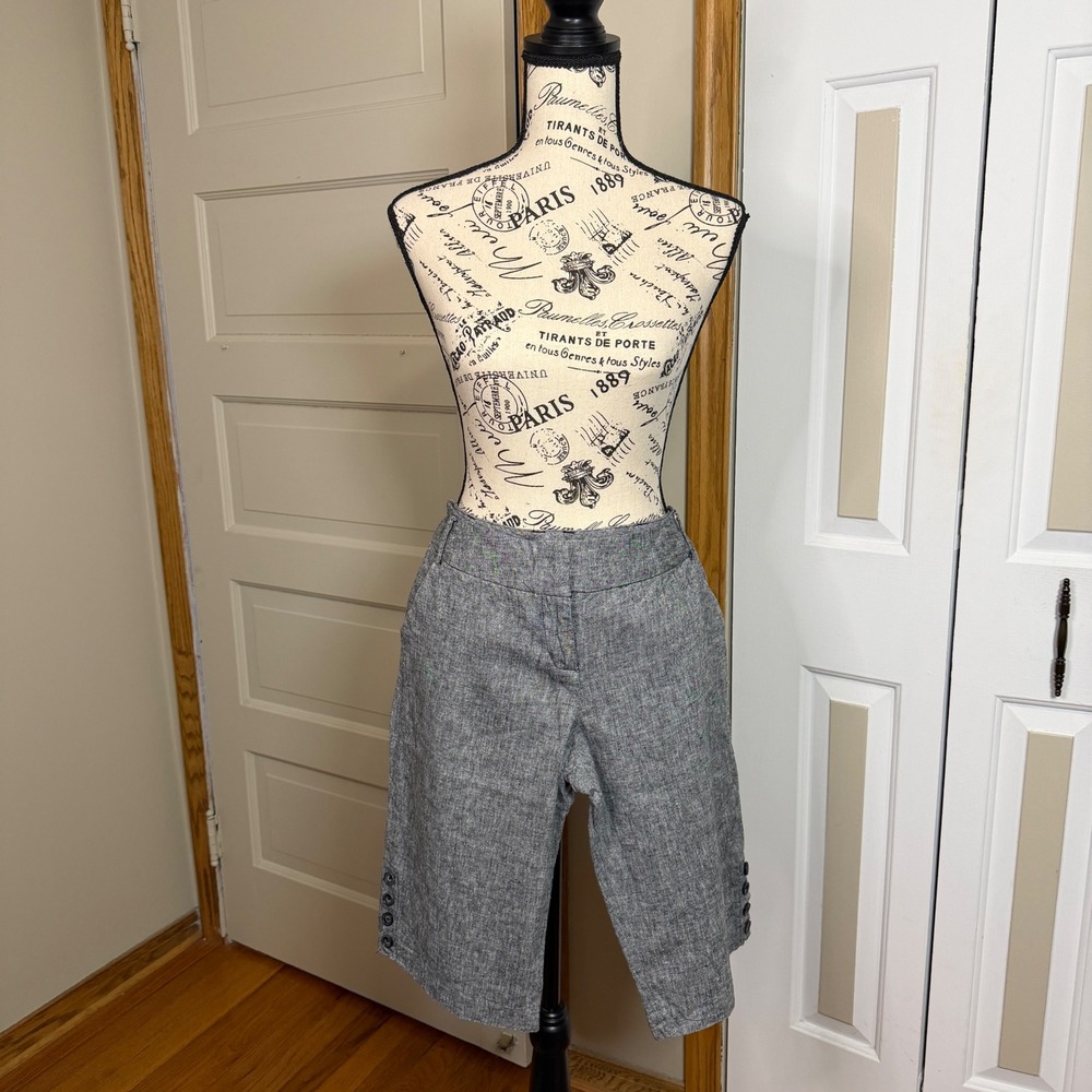 BCX Junior 11 Gray Linen Blend Bermuda Shorts Button Accent Hem Knee Business